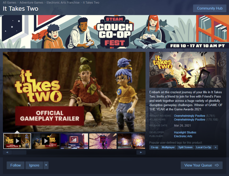 It Takes Two Steam Page A Screenshot of the Steam page for It Takes Two